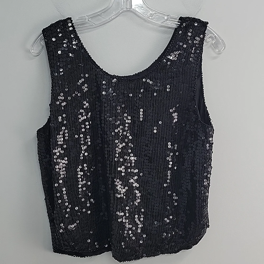 Vintage Black Silk & Sequin Shell Tank Top Cami